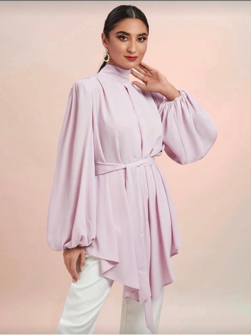SHEIN Pale Lilac Balloon-Sleeve Tunic with Self Tie